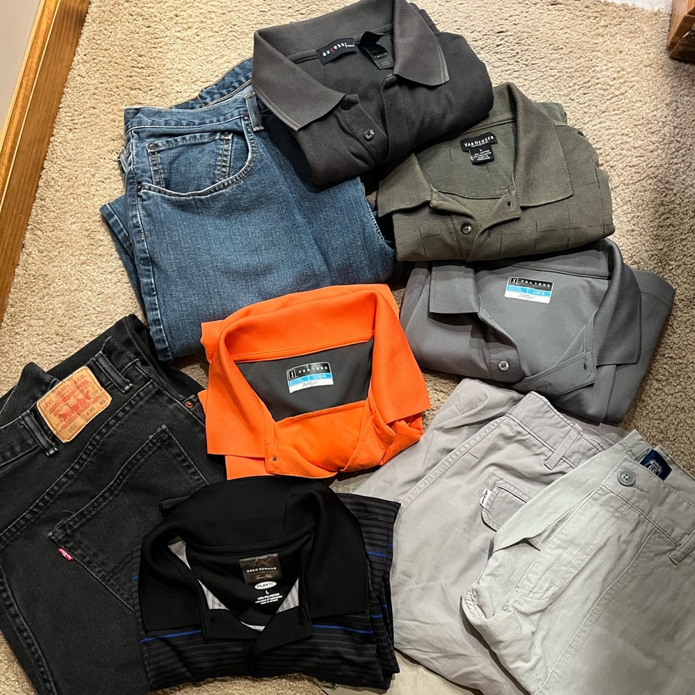 Bulk Lot Large Polos, 2 38-30 pants, 3 pair shorts